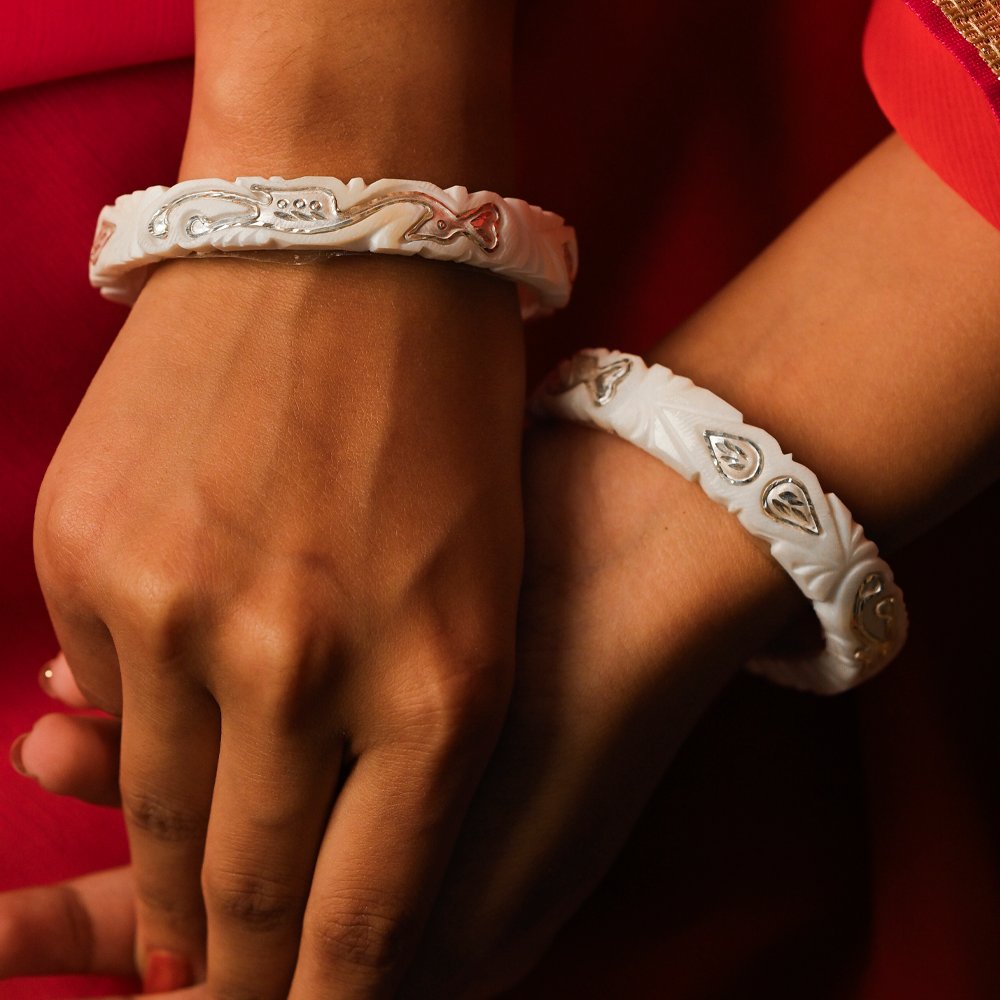 Artistic Peacock Leaf 925 Silver Sankha Bangles