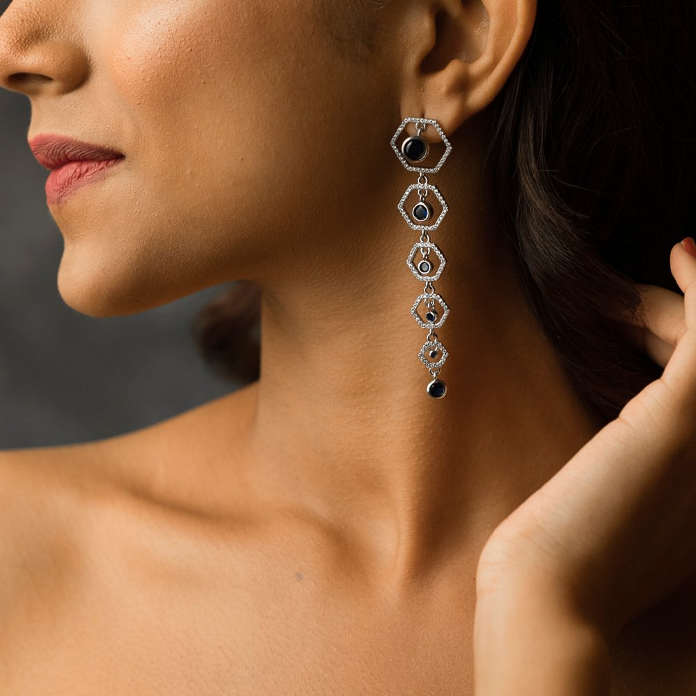 Noir Cascade 925 Silver Hexa Drop Earrings