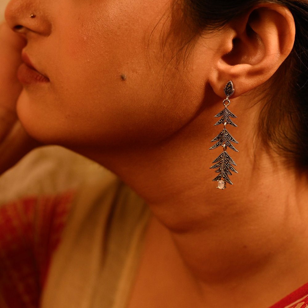 Tribal Fern Drop 925 Oxidized Silver Earrings