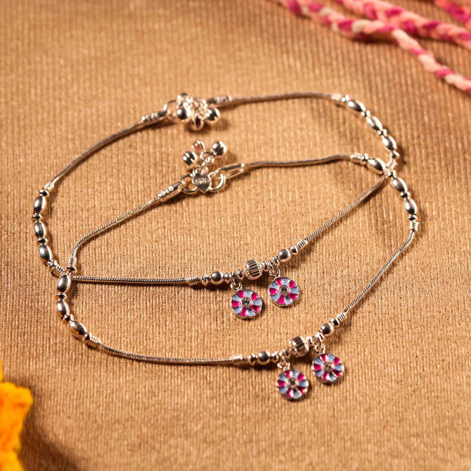 Blossom Charm 925 Silver Anklet Pair